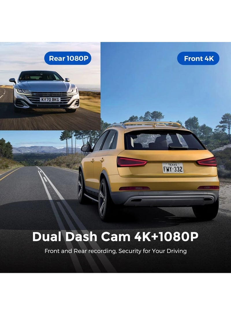 كاميرا سيارة 4K Dash Cam كاميرا أمامية وخلفية للسيارات 2 قناة عدسة مزدوجة زاوية واسعة للغاية مع رؤية ليلية تحكم WiFi استشعار الجاذبية وضع وقوف السيارات لمدة 24 ساعة تسجيل متكرر WDR - Image 3
